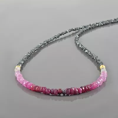 $77.77 • Buy Natural Shaded Ruby & Rough Black Diamond Beads Uncut Chain Handmade Necklace