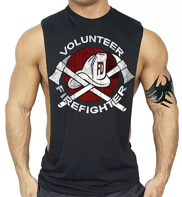 Men's Volunteer Firefighter Black Workout Tank Top Muscle Gym Fire Rescue Tee • $11.99