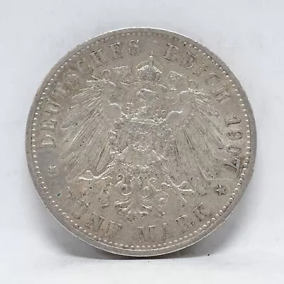 1907-A Germany Prussia 5 Mark Silver Funf Reich .900 Wilhelm II Preussen • $85