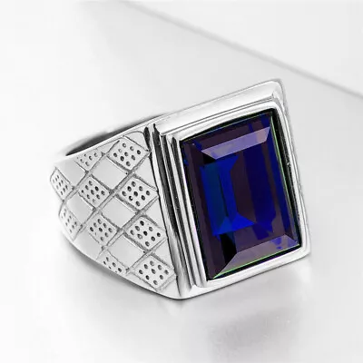 Vintage Men's Blue Square CZ Wedding Ring Stainless Steel Classic Signet Ring • $13.98