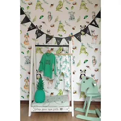 £159.12 • Buy Non-Woven Wallpaper Traditional Cute Indian Crocodile Fox Animals Kids Pattern 