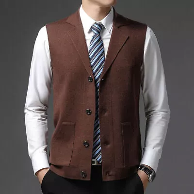 Gents Vest Casual Single-Breasted Lapel Knit Formal Waistcoat Suit Collar Tops • $37.99