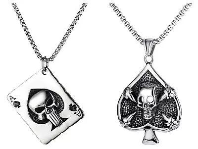 Mens Punk Skull Lucky Ace Of Spades Poker Card Pendant Stainless Steel Necklace • $13.29