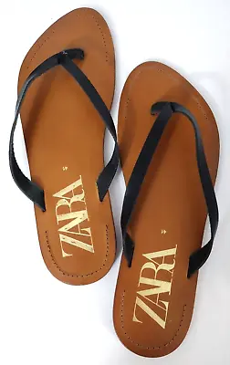 $19.99 • Buy Zara Thong Sandals Shoes Leather Flat Womens Size EU 41 US 9.5 Black 6600/001