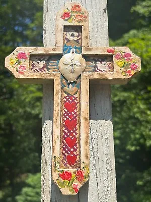 Painted Wood Cross 3D Mexico Handmade Milagro 9x6 Perpetuo Socorro Heart A51 • $26.90