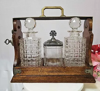 Antique Vtg 2 BOTTLE TANTALUS DECANTER & 1 Ice Bucket? LOCKING  SET W KEY- READ • $1232