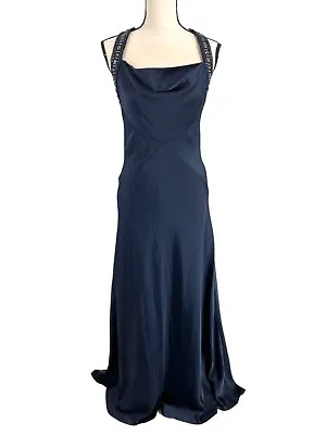 BCBG Dress Maxi Formal Long SZ 4 Satin Navy Blue Jeweled Cross Back • $19.96