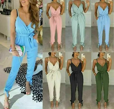 Women's V Neck Wrap Over Ankle Tie Waist Jumpsuit Ladies Harem Wide Leg Playsuit • £12.95