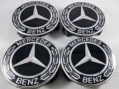 $17.95 • Buy 4pc Fits Mercedes-Benz Center Caps Wheels BLACK WREATH Silver AMG 75mm