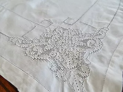 50  Sq Handmade Vintage Linen Tablecloth +2 Napkins Drawnwork  Mitered Corners • $7.99