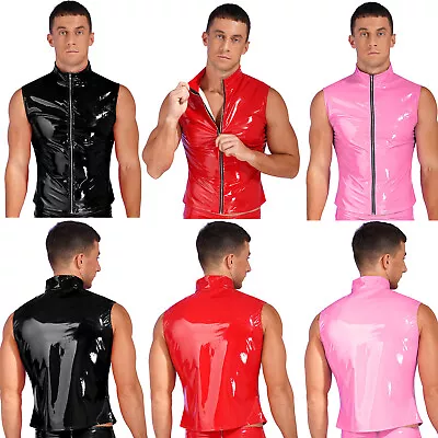 Mens Wet Look PVC Leather Sleeveless Vest Shirt Zipper Tank Top Jacket Clubwear • $12.59