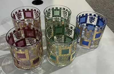 Vintage Bar Ware Set Of 5 Glasses Gold Rock Glasses By West Va Glas Co Henry VII • $50