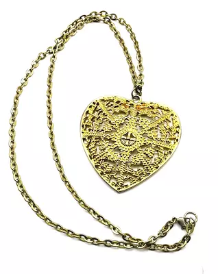 Filigree Heart Medallion Necklace Gold Tone Love Promise Commitment Classic • $7.49