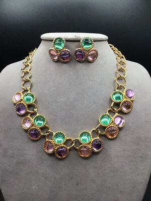 $79 • Buy Vintage 90s Colorful Cabochons Necklace & Earrings Set Acrylic & Gold Tone Chain