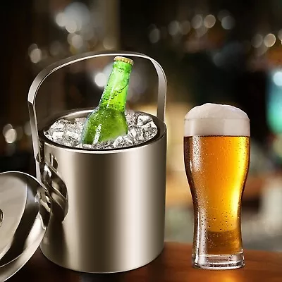 1.2L Ice Bucket + Tongs & Lid Insulated Double Walled Stainless Steel Cooler NEW • £17.99