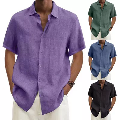 Mens Short Sleeve Cotton Linen Dress Shirt Casual Button-up Baggy Tops Blouse • £12.95