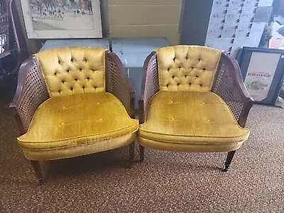 Pair Of Mid Century Modern Yellow Gold Tufted Accent Chairs With Caning • $299.99