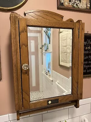 Antique American Linen Hanging Antique Oak Medicine Cabinet & Mirror • $444.95