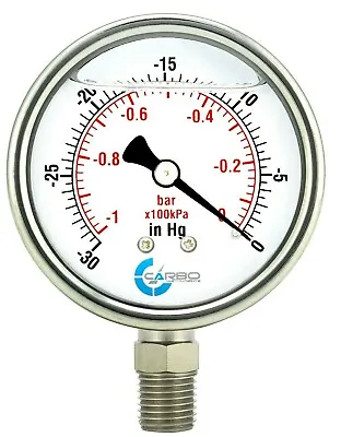 1-1/2  Vacuum Gauge Stainless Steel Case Liquid Filled 1/8 NPT Low Mnt -30 Hg/0 • $11.95