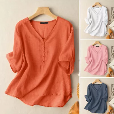 Womens V Neck Shirt Tee Tunic Tops Blouse Short Sleeve Casual Cotton Linen Loose • $20.19