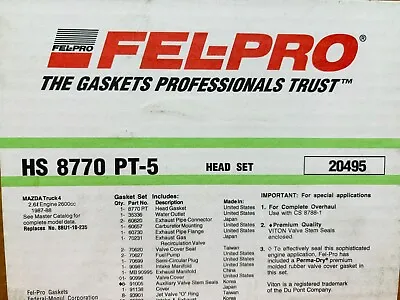 HS 8770 PT-5 Engine Head Gasket Set Fel-Pro FIT 87-88 Mazda B2600 2.6l Hs8770pt5 • $55.99