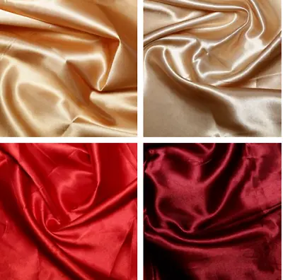 £0.99 • Buy Red Gold Silky Satin Fabric Christmas Plain Coloured Budget Satin Metre 