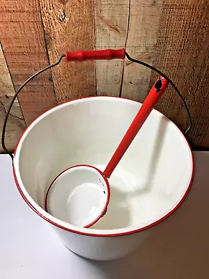 Farm Enamelware 11  White & Red Handled Bucket & Matching Water Dipper Ladle Set • $75