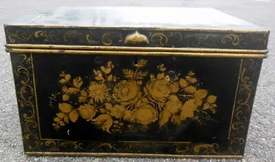 RARE Large Antique 19th C Painted TOLE Metal Trunk Chest Roses Florals • $1450
