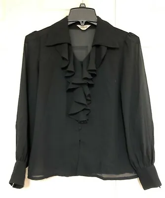 Vintage Lunoa Kobe Womens S Black Sheer Blouse Ruffle Button Up Top • $17.49