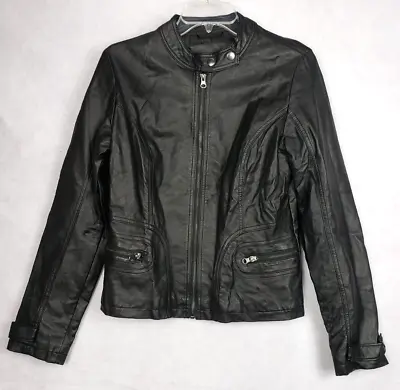 Mossimo Biker Jacket Womens M Black Faux Leather Round Snap Collar Zip Pockets • $19.69