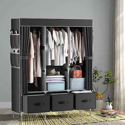 Fabric Canvas Wardrobe W/ 3 Storage Drawer  Large-Capacity Cupboard For Bedroom • £27.99