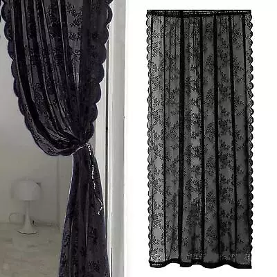 Black Lace Floral Net Curtains With Rod Pocket Privacy Screen Voile Window • $19.34