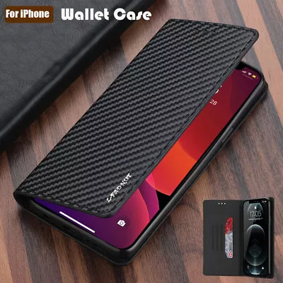 Luxury Carbon Flip Leather Wallet Case Cover For IPhone 13 11 12 Pro Max 7 8 SE • $10.99