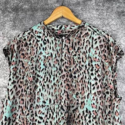 J Crew Shirt Womens XL Green Cheetah Keyhole Button Neck Airy Drapey Lux Career • $26.95