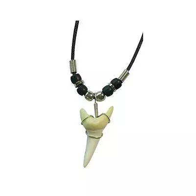 2 LARGE SHARK TOOTH PENDANT ON BLACK ROPE NECKLACE W SILVER BEADS Men Women #448 • $12.44