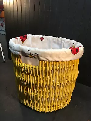 Vtg. Wicker Rattan Yellow Laundry Basket Cloth Lined Lady Bug 1970s 14in X 15in • $89.99