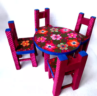 TABLE AND CHAIRS  MINI Alebrije Style With Flowers Hand Carved Fold Art Oaxaca • $65