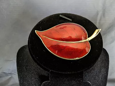 Norwegian Sterling Silver Red Leaf Enamel Brooch  925S • $90