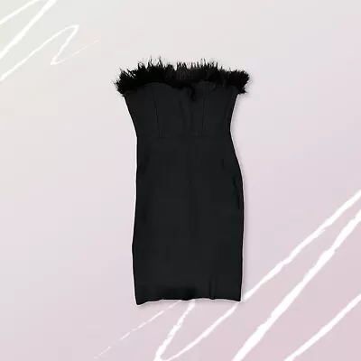 Womens Black Bandage Material Dress With Fur Trim And Zip Up Back • $30