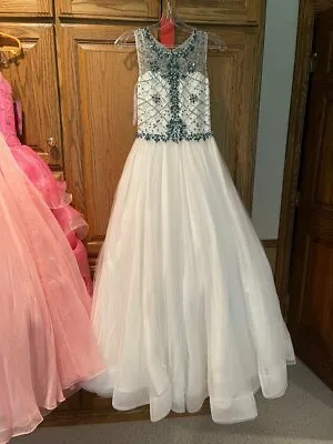 Perfect Angels 1653 White Teal Beaded Pageant Ball Gown Dress Sz 10 SALE! • $297.70