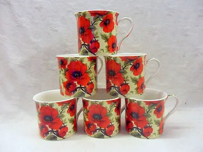 £21.99 • Buy Set Of 6 China Mugs In Red Poppy Chintz Design.