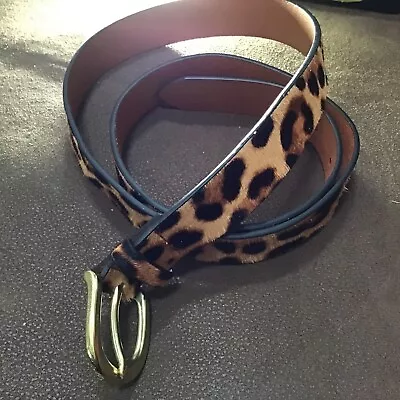 J CREW Women L Brown Black Calf Hair Belt Leopard Gold Buckle 1” Wide 34.5-40.5” • $39.99