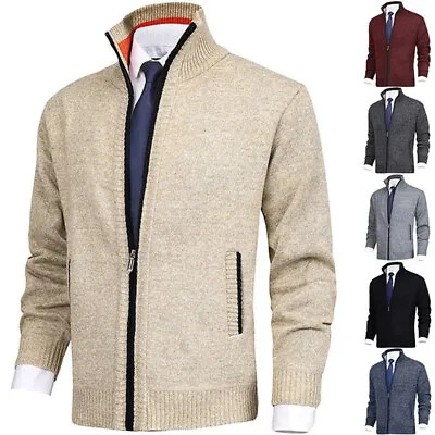 Mens Fleece Lined Cable Knitted Zip Up Cardigan Warm Winter Outerwear Jumper • £18.35