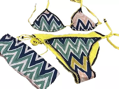 Missoni 2 Pc Bikini Set Chevron Stripe Ric A Rac Trim W Headband IT 40 /Small • $184.49