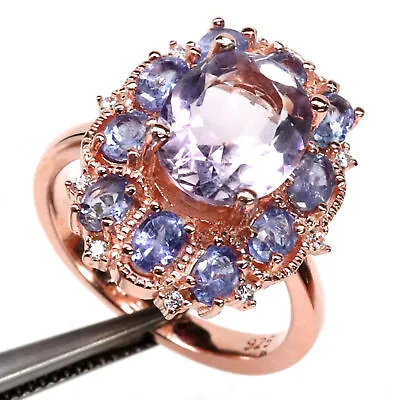 Un 9 X 11 MM. Pink Amethyst Tanzanite & Simulated Cubic Zirconia Ring 925 Silver • £224.41