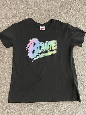 David Bowie Merch Women’s T-shirt Size M Black With Rainbow Writing “Bowie” • $13.50