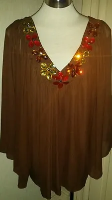 £15 • Buy Butler & Wilson QVC Brown Flower Jewel V Neck Top Small New