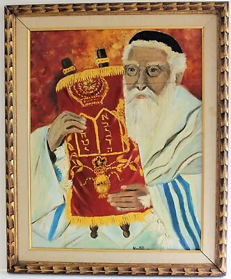 Vintage Oil Painting On Board Signed 1965 Jewish Rabbi W/ Torah Scroll Judaica • $150