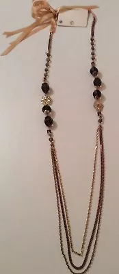 NEW Martine Wester LONG Statement BROWN Crystal RIBBONED 3-Tone/Chain NECKLACE • £24