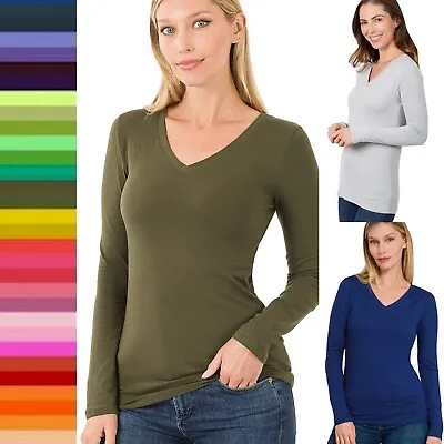 Women's V Neck Long Sleeve Cotton T Shirt Stretch Soft Basic Plain Layering Top • $9.95